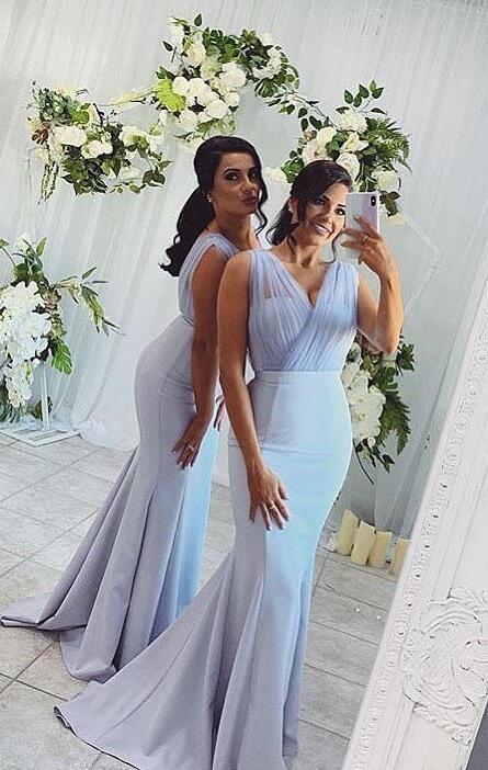 V-Neck White Mermaid Long Bridesmaid Dress DTB102