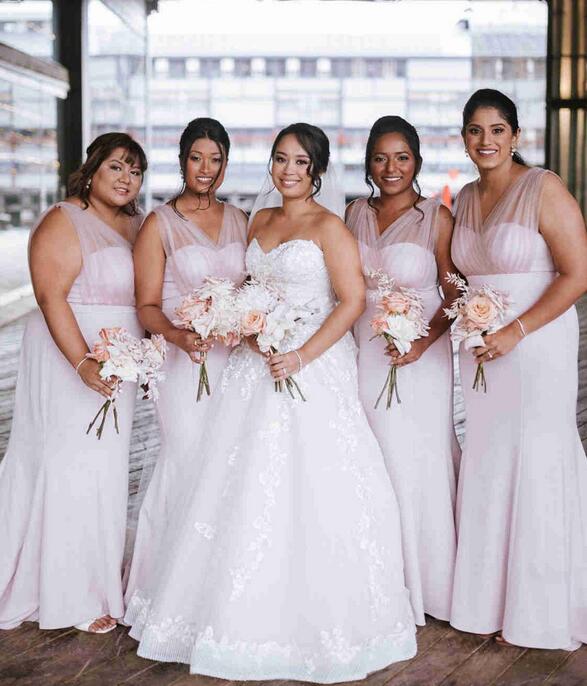 V-Neck White Mermaid Long Bridesmaid Dress DTB102