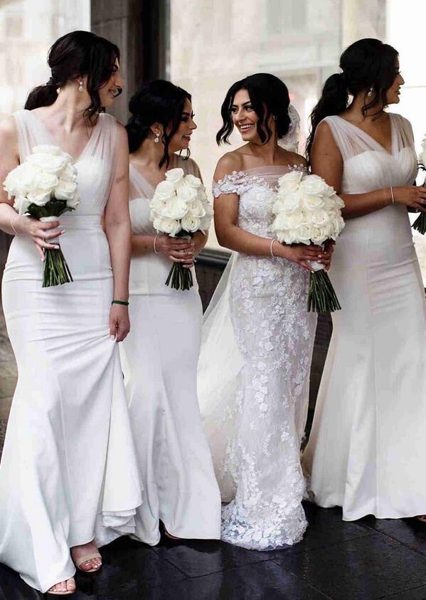 V-Neck White Mermaid Long Bridesmaid Dress DTB102