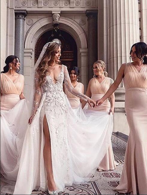 V-Neck White Mermaid Long Bridesmaid Dress DTB102