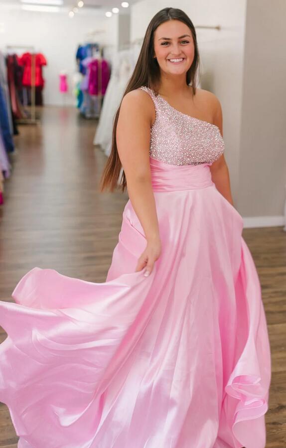 One Shoulder Beaded Top Empire Satin Long Prom Dress