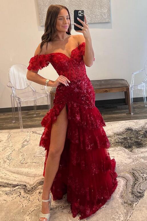 Red Tulle Sequin Mermaid Prom Dress with Sheer Corset Bodice and Ruffle Skirt