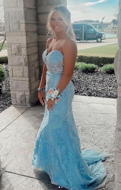 Light Blue Strapless Leaf Lace Mermaid Prom Dresses Long
