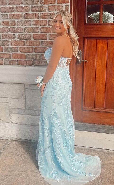 Light Blue Strapless Leaf Lace Mermaid Prom Dresses Long