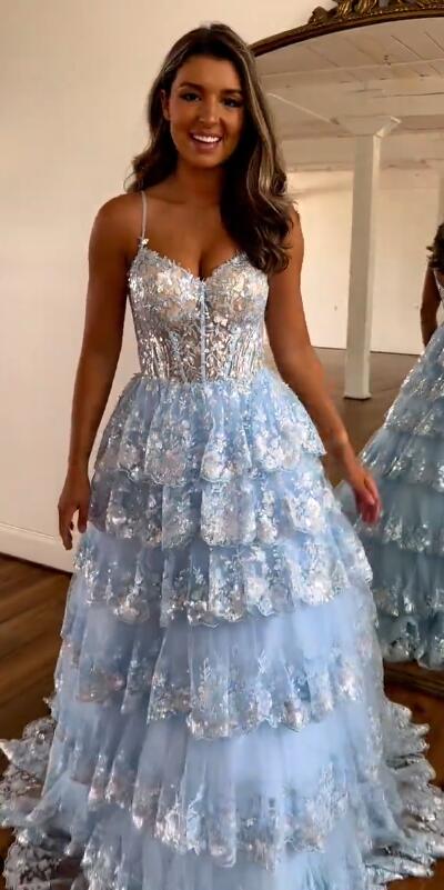 Light Blue Straps Tulle Sequin Prom Dress with Sheer Corset Bodice and Ruffle Skirt