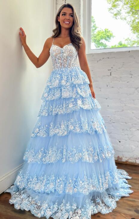 Light Blue Straps Tulle Sequin Prom Dress with Sheer Corset Bodice and Ruffle Skirt