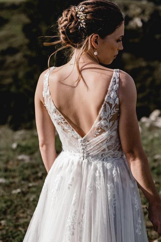 Open Back V-neck A Line Wedding Dresses,Custom Made Bridal Dress DTB112