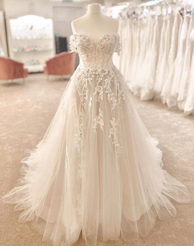 Off the Shoulder A-line Wedding Dresses,Custom Made Bridal Dress DTB125