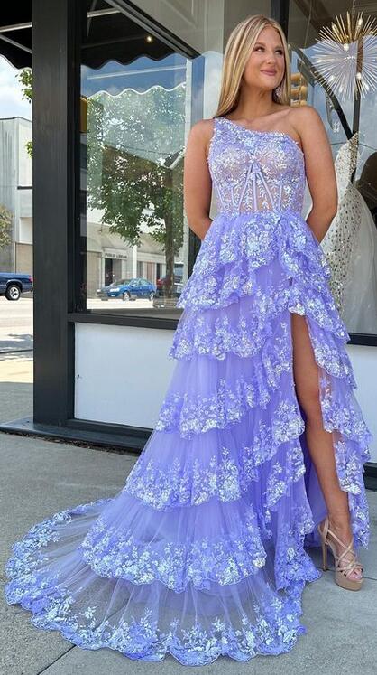 One Shoulder Tulle Sequin A-Line Prom Dress with Sheer Corset Bodice and Ruffle Skirt