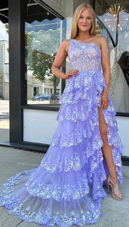 One Shoulder Tulle Sequin A-Line Prom Dress with Sheer Corset Bodice and Ruffle Skirt