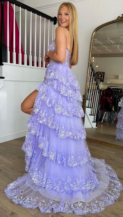 One Shoulder Tulle Sequin A-Line Prom Dress with Sheer Corset Bodice and Ruffle Skirt