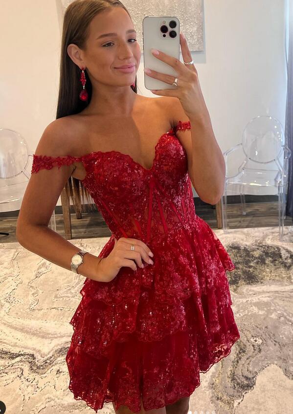 2023 Off the Shoulder A-Line Homecoming dress with Sheer Corset Bodice and Ruffle Skirt DTH117