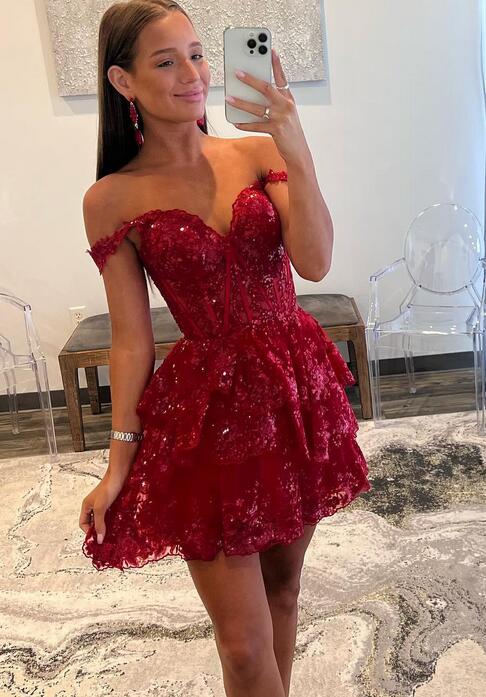 2023 Off the Shoulder A-Line Homecoming dress with Sheer Corset Bodice and Ruffle Skirt DTH117
