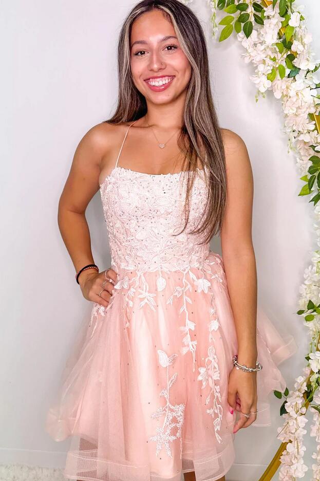 Pink Lace-up A-line Homecoming Dress DTH125