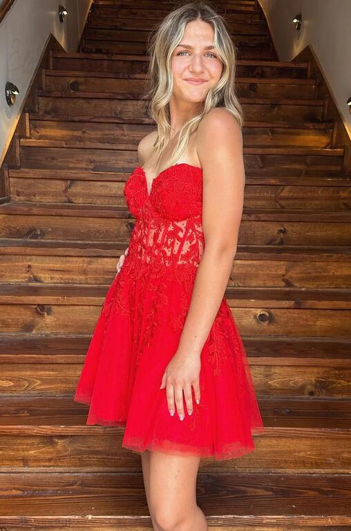 Sweetheart Red Lace Corset A-Line Homecoming Dress DTH126 DressesTailor Sweetheart Red Lace Corset A-Line Homecoming Dress DTH126 DressesTailor
