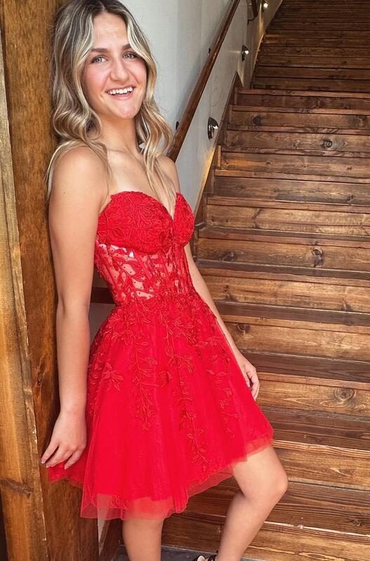 Sweetheart Red Lace Corset A-Line Homecoming Dress DTH126
