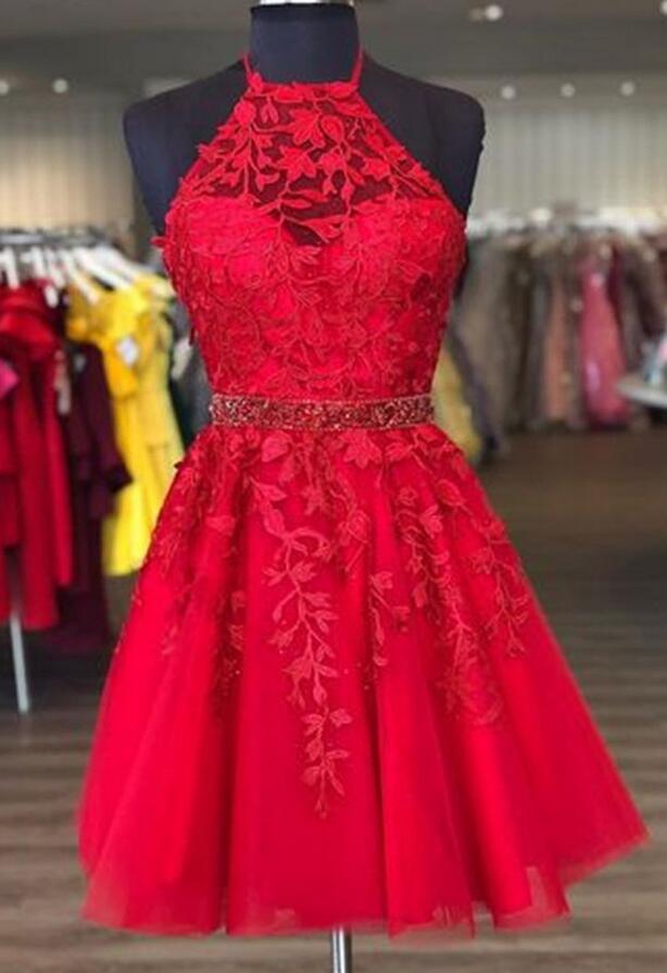 Red Halter Neck Leaf Lace Homecoming Dress