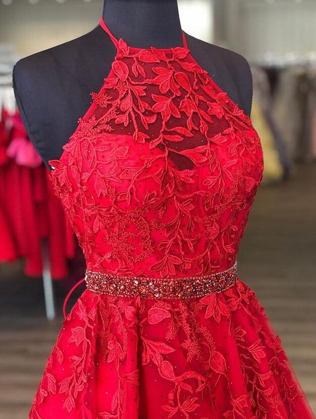 Red Halter Neck Leaf Lace Homecoming Dress