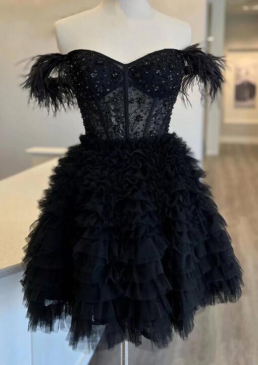 Lace Corset Bodice Homecoming Dress with Off the Shoulder Feathers Ruffle