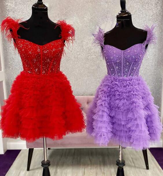 Lace Corset Bodice Homecoming Dress with Off the Shoulder Feathers Ruffle