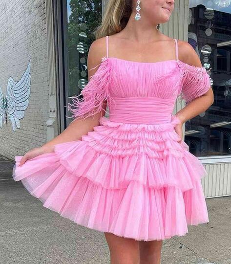 Ruffle Tier Tulle Homecoming Dress with Off the Shoulder Ostrich Feathers