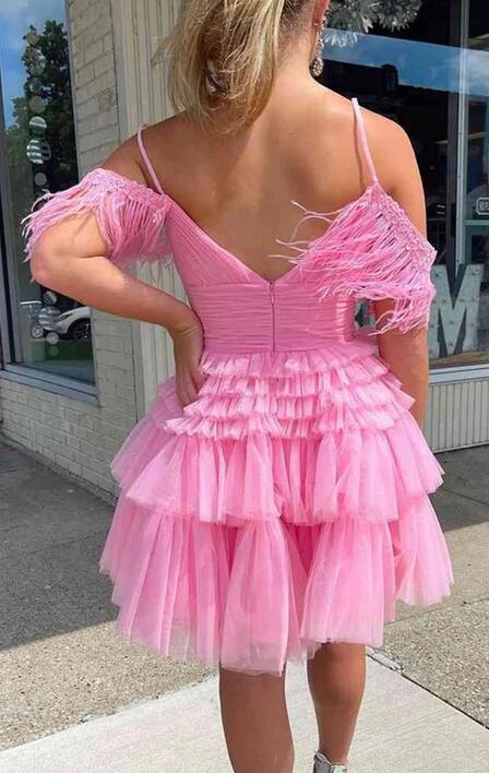 Ruffle Tier Tulle Homecoming Dress with Off the Shoulder Ostrich Feathers