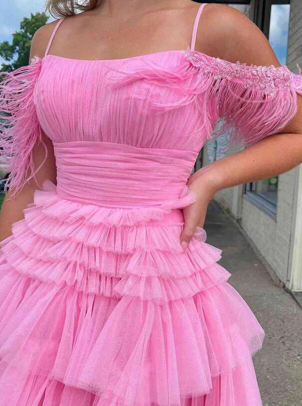 Ruffle Tier Tulle Homecoming Dress with Off the Shoulder Ostrich Feathers