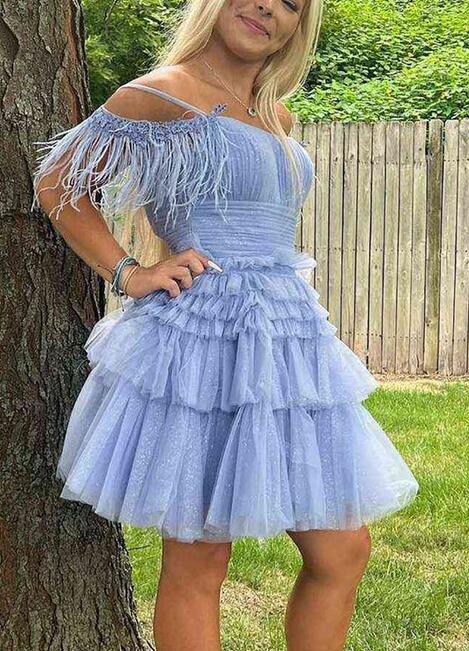 Ruffle Tier Tulle Homecoming Dress with Off the Shoulder Ostrich Feathers