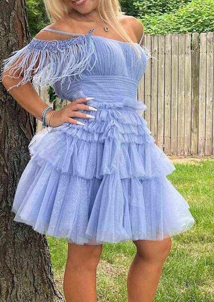 Ruffle Tier Tulle Homecoming Dress with Off the Shoulder Ostrich Feathers