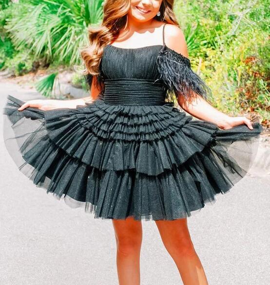 Ruffle Tier Tulle Homecoming Dress with Off the Shoulder Ostrich Feathers
