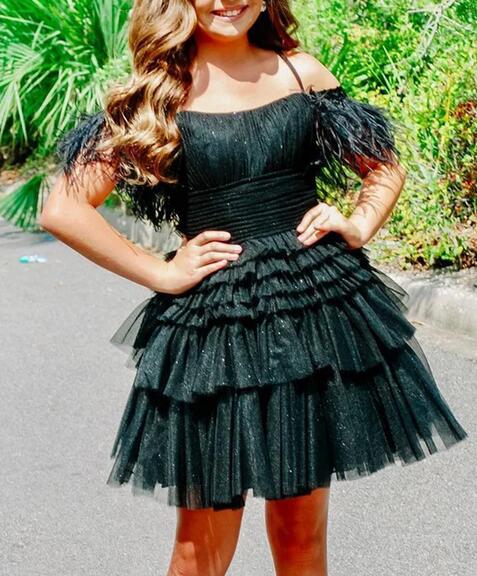 Ruffle Tier Tulle Homecoming Dress with Off the Shoulder Ostrich Feathers