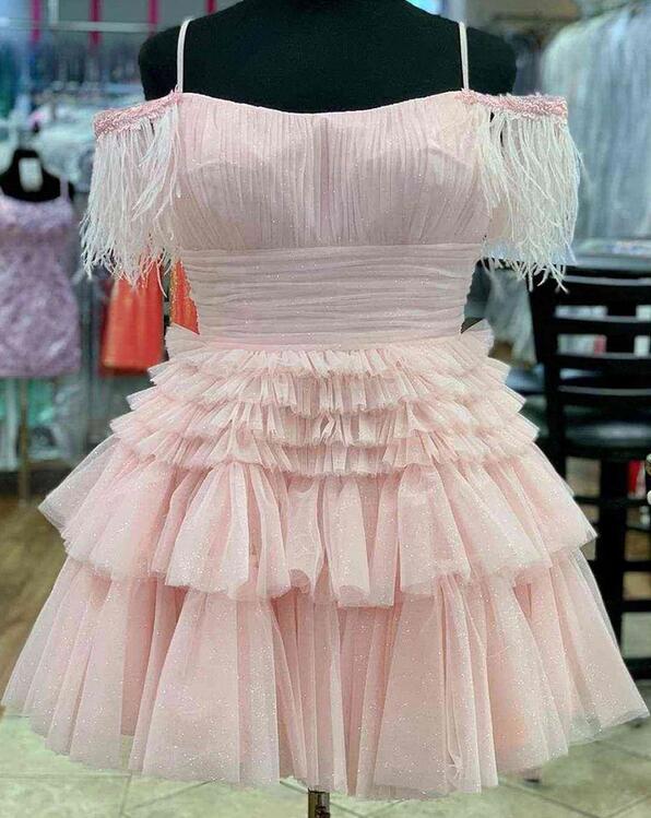 Ruffle Tier Tulle Homecoming Dress with Off the Shoulder Ostrich Feathers