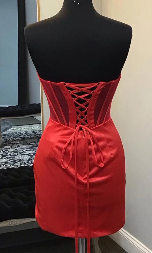 Strapless Pleated Red Satin Homecoming Dress