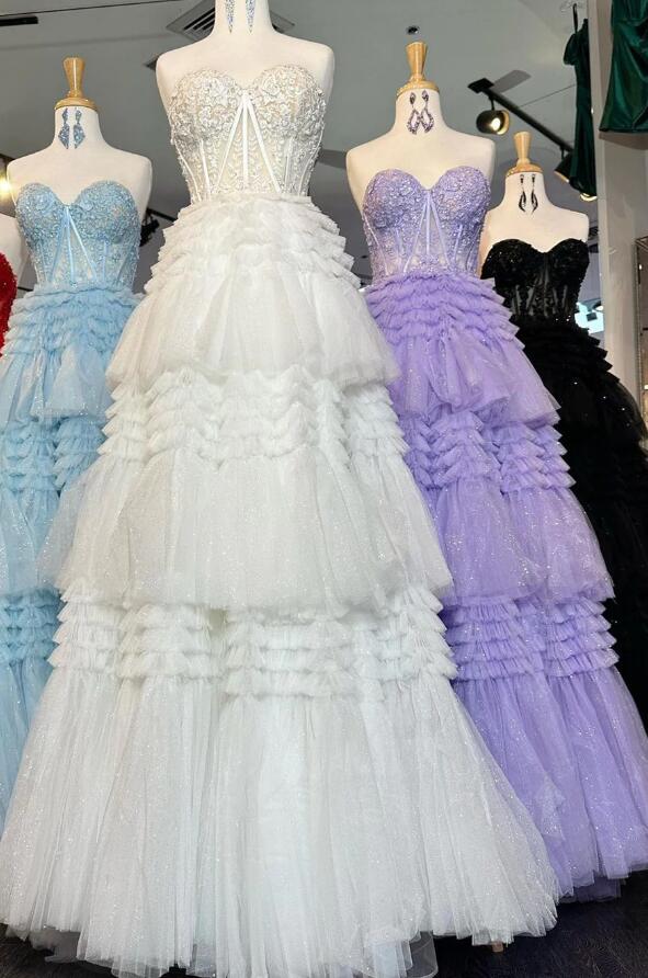 Strapless Sweetheart Sequins Top Multi-Layers Long Prom Dress