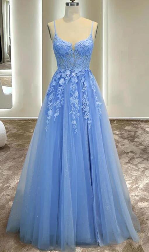 Straps Appliques Tulle A-line Long Prom Dress DT1678