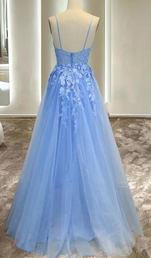 Straps Appliques Tulle A-line Long Prom Dress DT1678