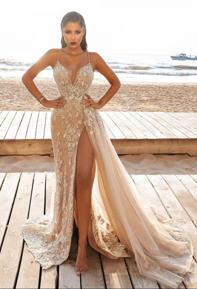 Spaghetti Side Split Tulle/Lace Beach Wedding Dress DTB160