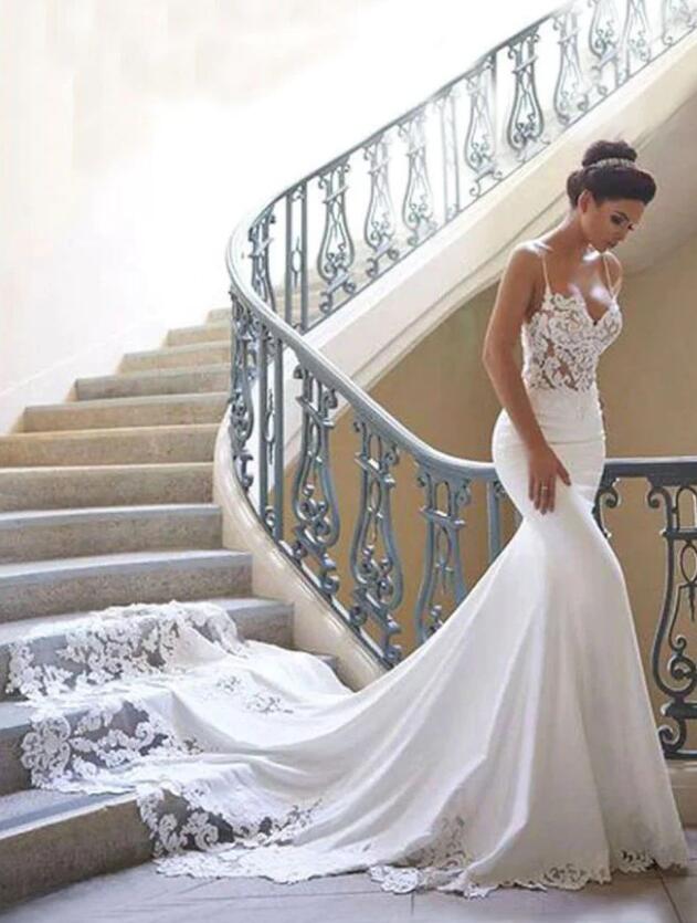 Spaghetti Straps Open Back Mermaid Wedding Dress DTB161
