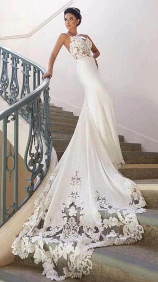 Spaghetti Straps Open Back Mermaid Wedding Dress DTB161