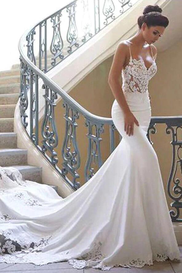 Spaghetti Straps Open Back Mermaid Wedding Dress DTB161