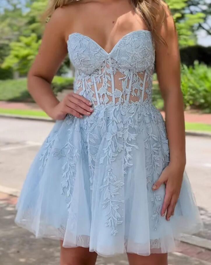 Strapless Light Blue Homecoming Dress with Sheer Corset Bodice