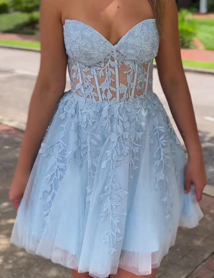 Strapless Light Blue Homecoming Dress with Sheer Corset Bodice