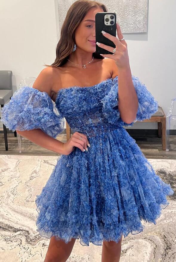Printed Detachable Sleeves Ruffled Short Homecoming Dress