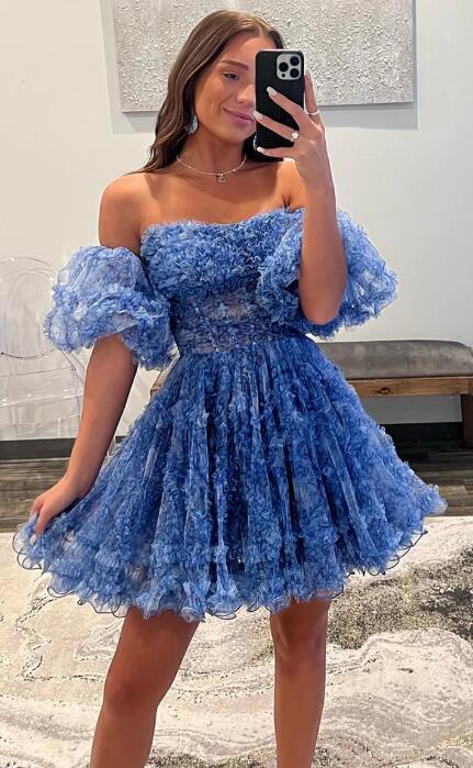Printed Detachable Sleeves Ruffled Short Homecoming Dress