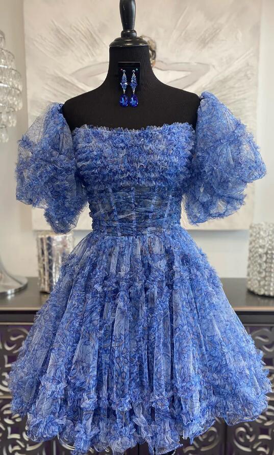 Printed Detachable Sleeves Ruffled Short Homecoming Dress