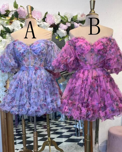 Printed Ruffled Short Homecoming Dress with Ballon Sleeves and Sheer Corset Bodice