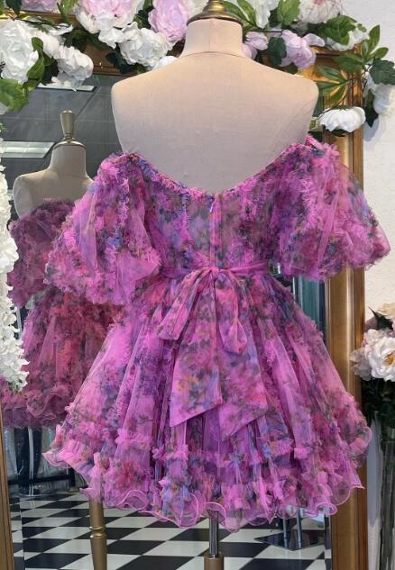 Printed Ruffled Short Homecoming Dress with Ballon Sleeves and Sheer Corset Bodice