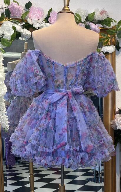 Printed Ruffled Short Homecoming Dress with Ballon Sleeves and Sheer Corset Bodice
