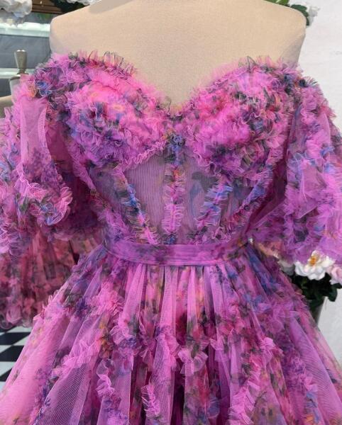 Printed Ruffled Short Homecoming Dress with Ballon Sleeves and Sheer Corset Bodice