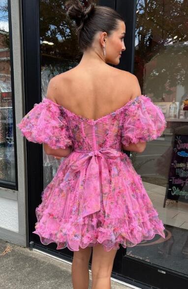 Printed Ruffled Short Homecoming Dress with Ballon Sleeves and Sheer Corset Bodice